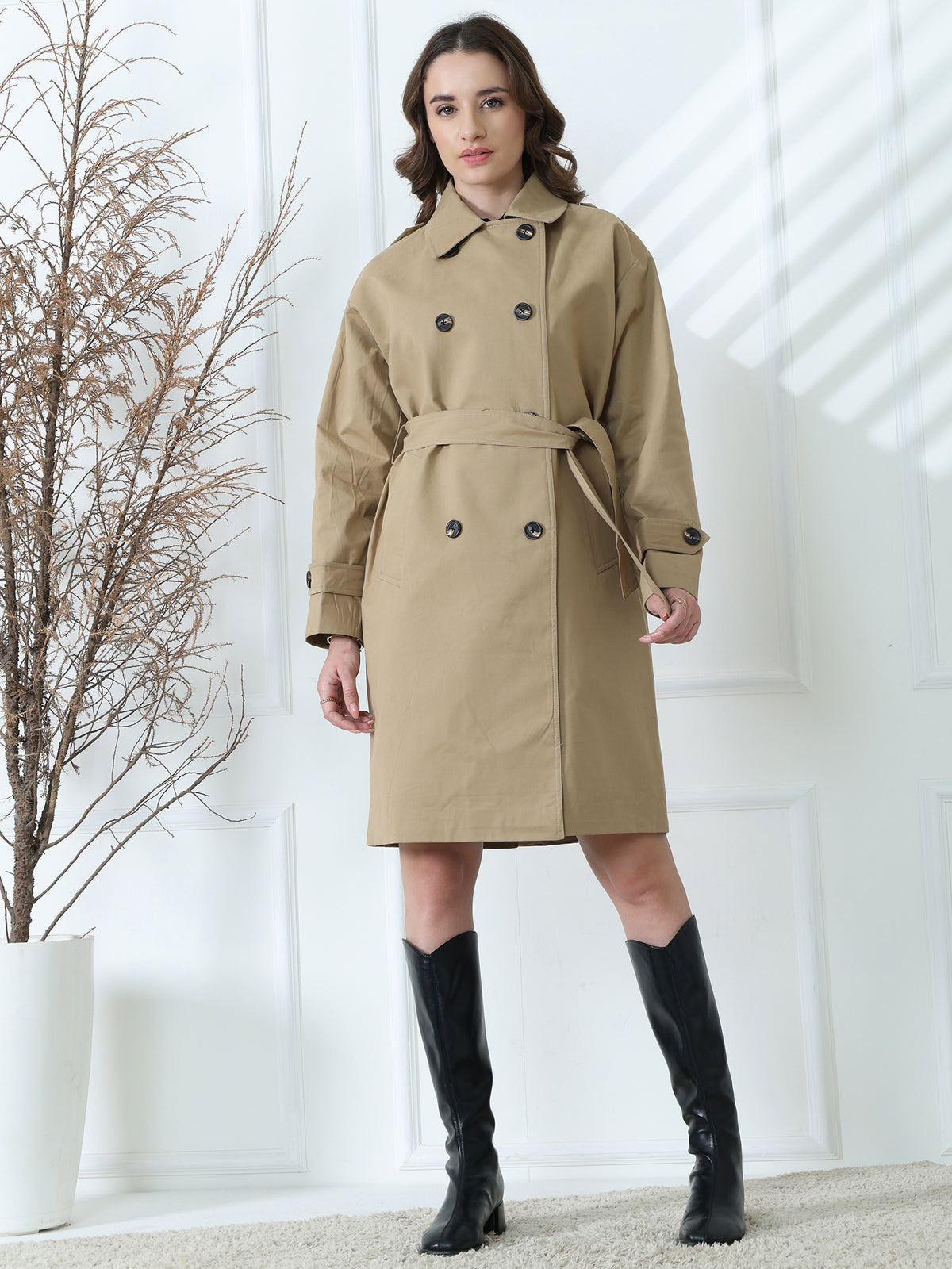 Khaki Double-Breasted Belted Trench Coat