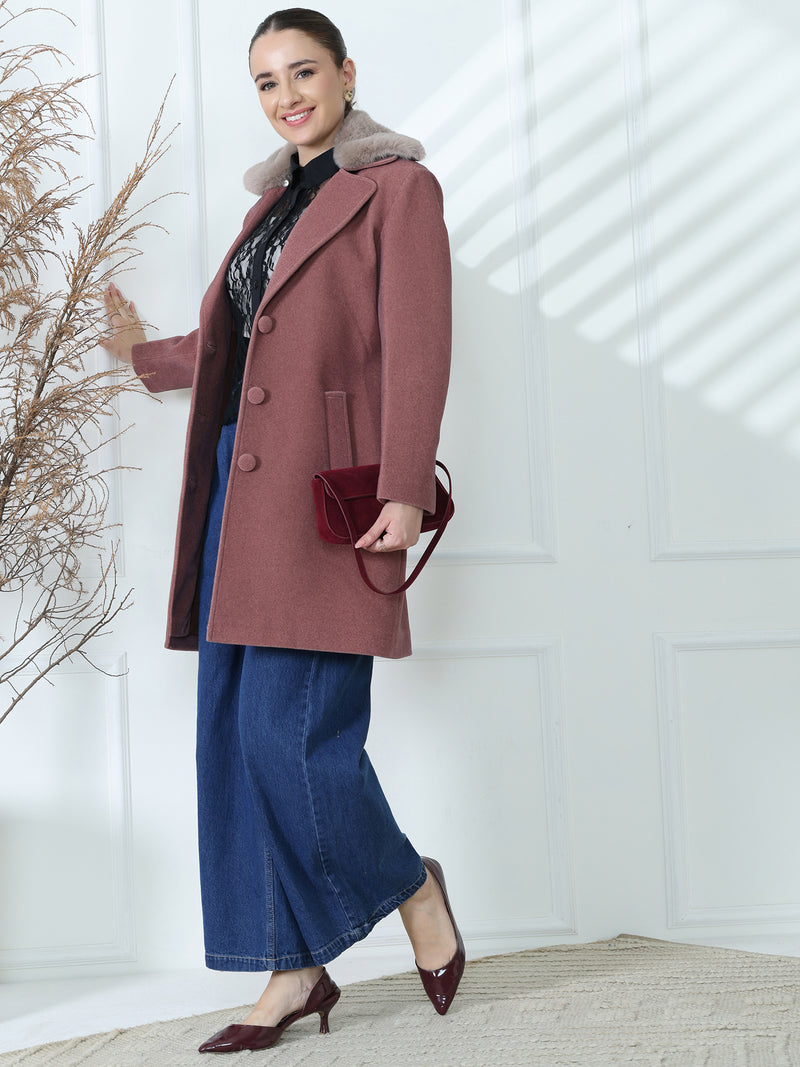Mauve Faux Fur Collar Long Coat