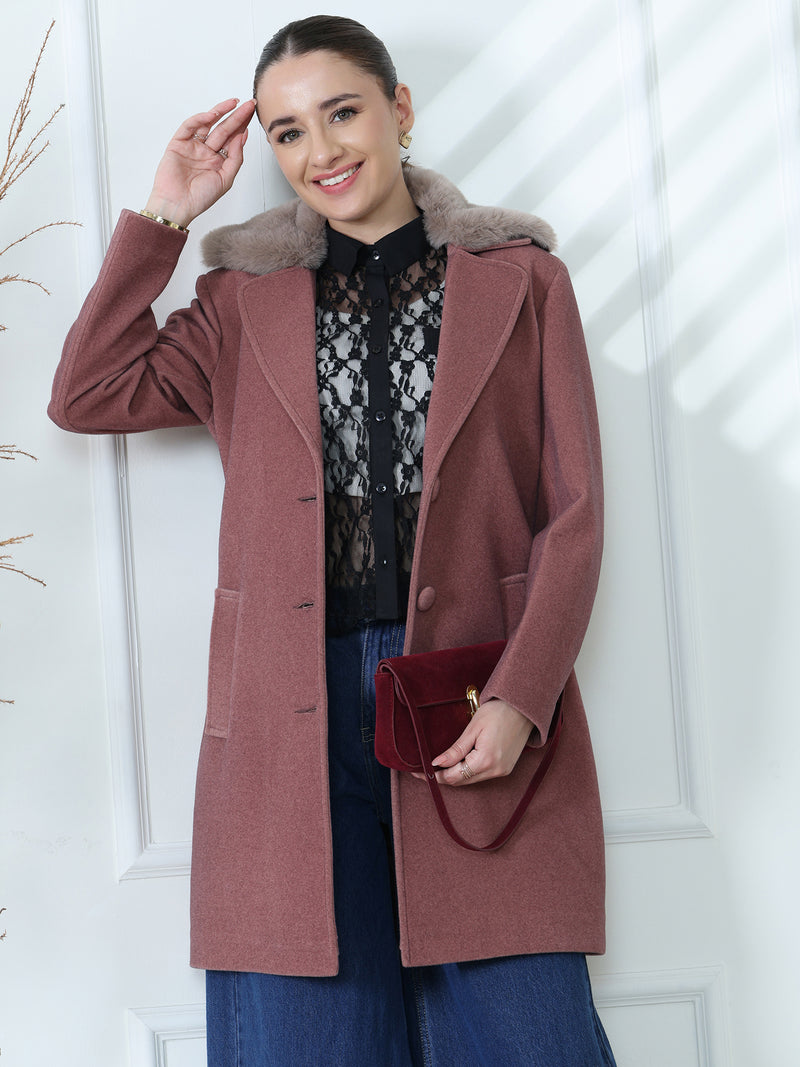 Mauve Faux Fur Collar Long Coat