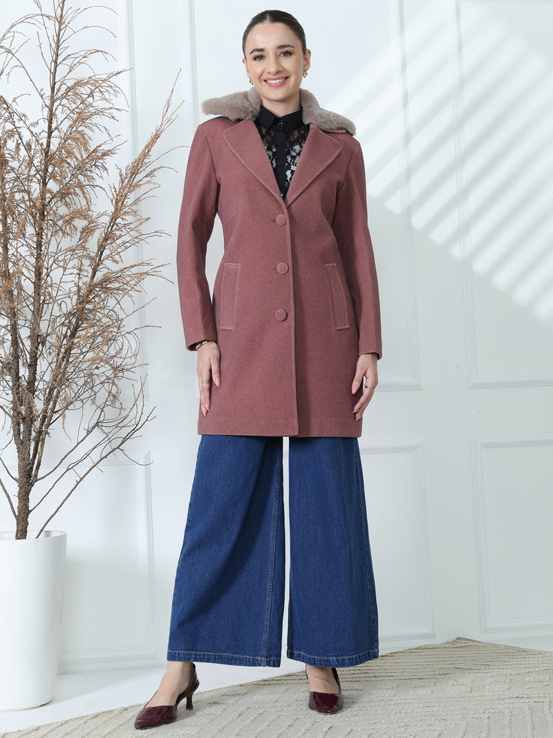 Mauve Faux Fur Collar Long Coat