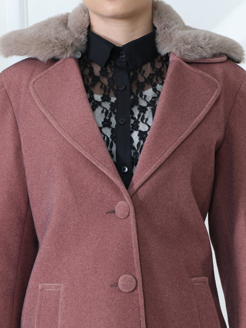 Mauve Faux Fur Collar Long Coat