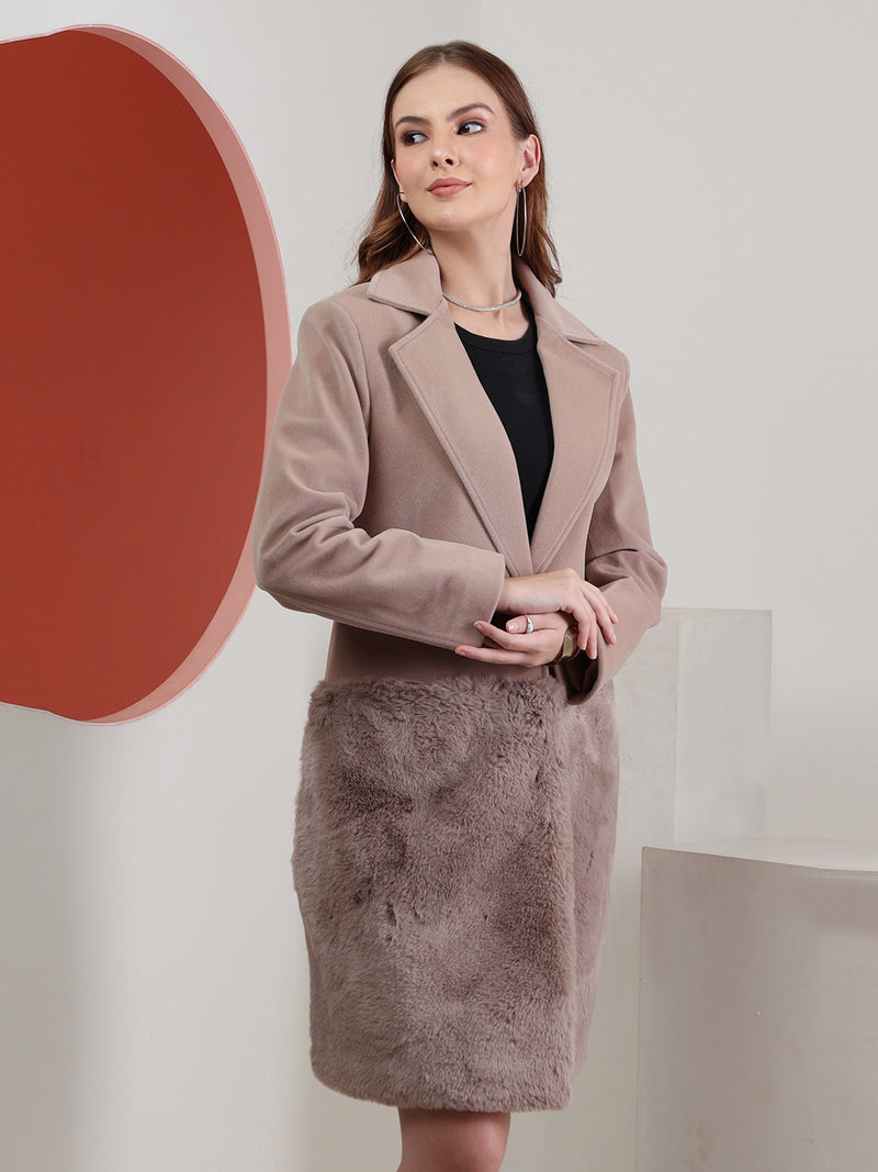 Ecru Faux Fur Longline Trench Coat