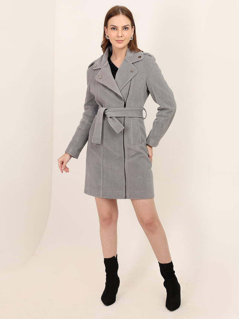 Ash Grey Belted & Zipper Trench Coat