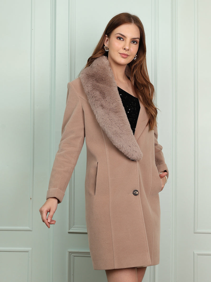 Ecru Faux Fur Longline Trench Coat