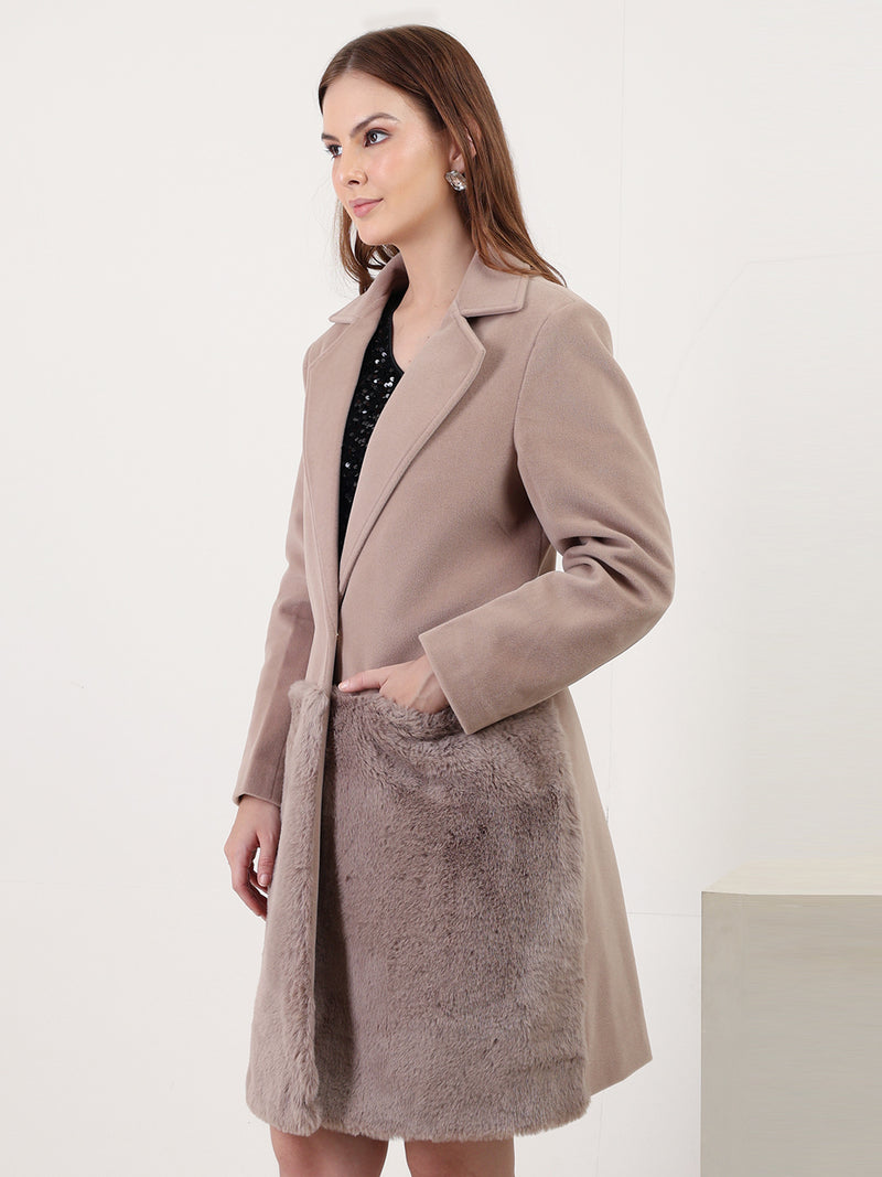 Ecru Faux Fur Longline Trench Coat