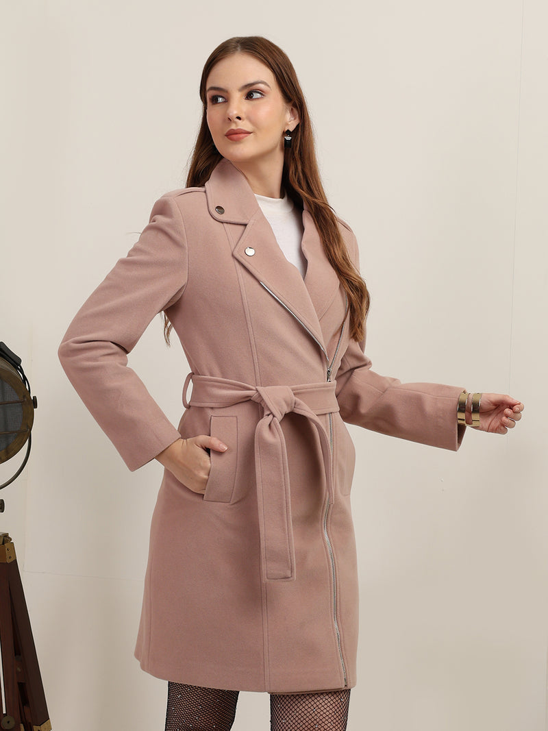 Pink Belted & Zipper Winter Trench Coat