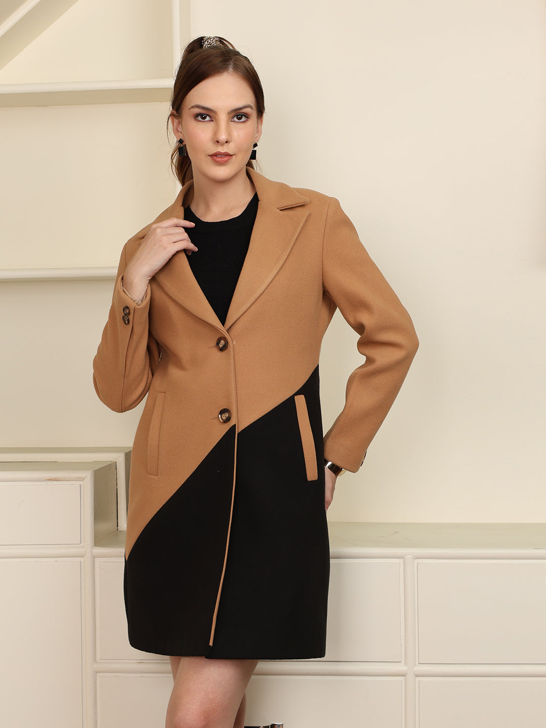 Beige Colorblocked Premium Winter Coat