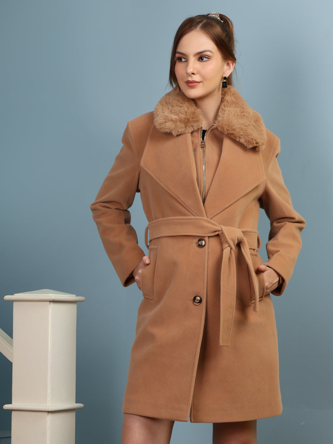 Peanut Zipper  Faux Fur Collared Belted Overcoat