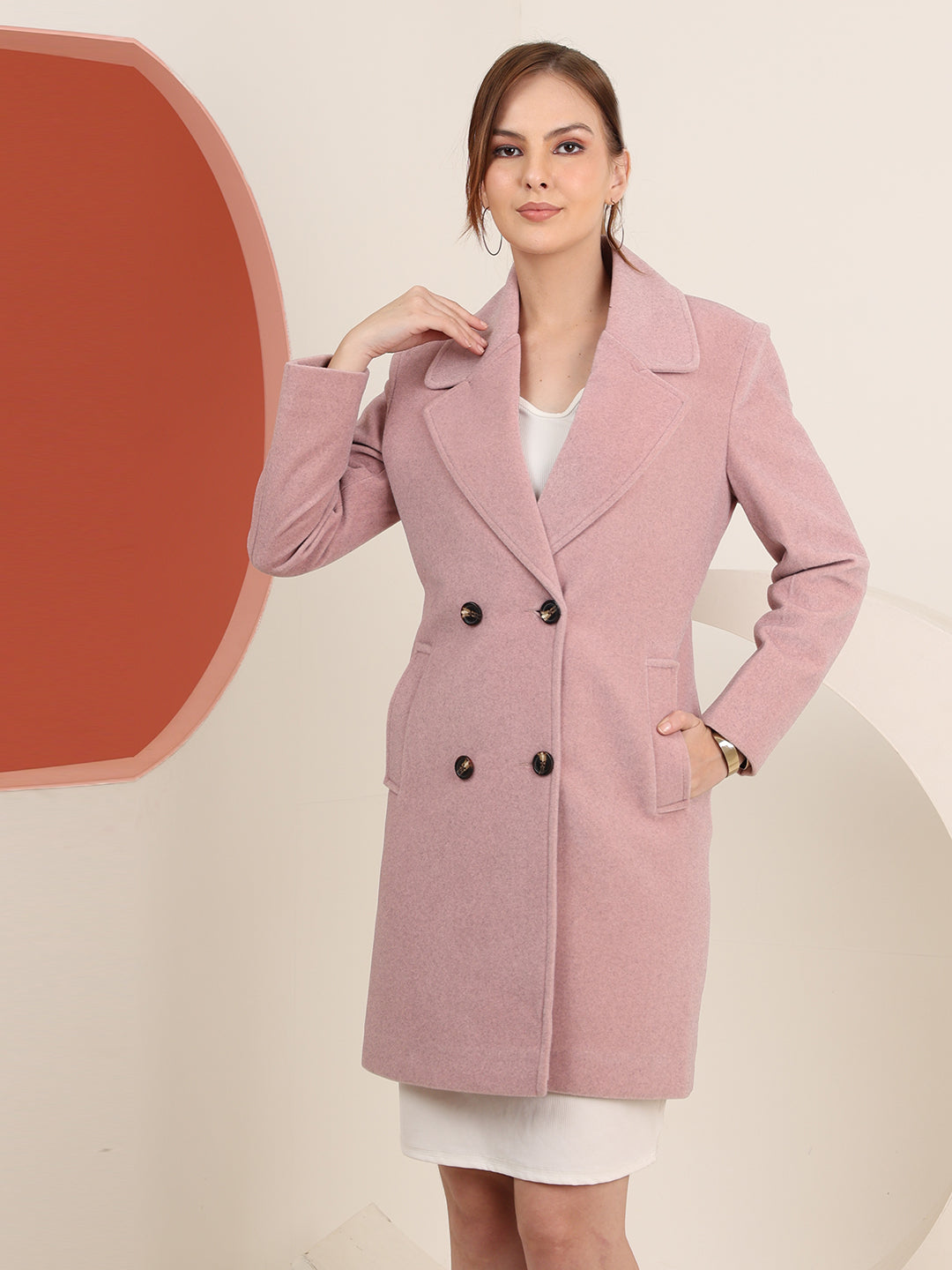 Pearl Pink Longline Doublebreasted Winter Trench Coat