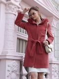 Red Faux Fur Hooded & Zipper Belted Winter Coat