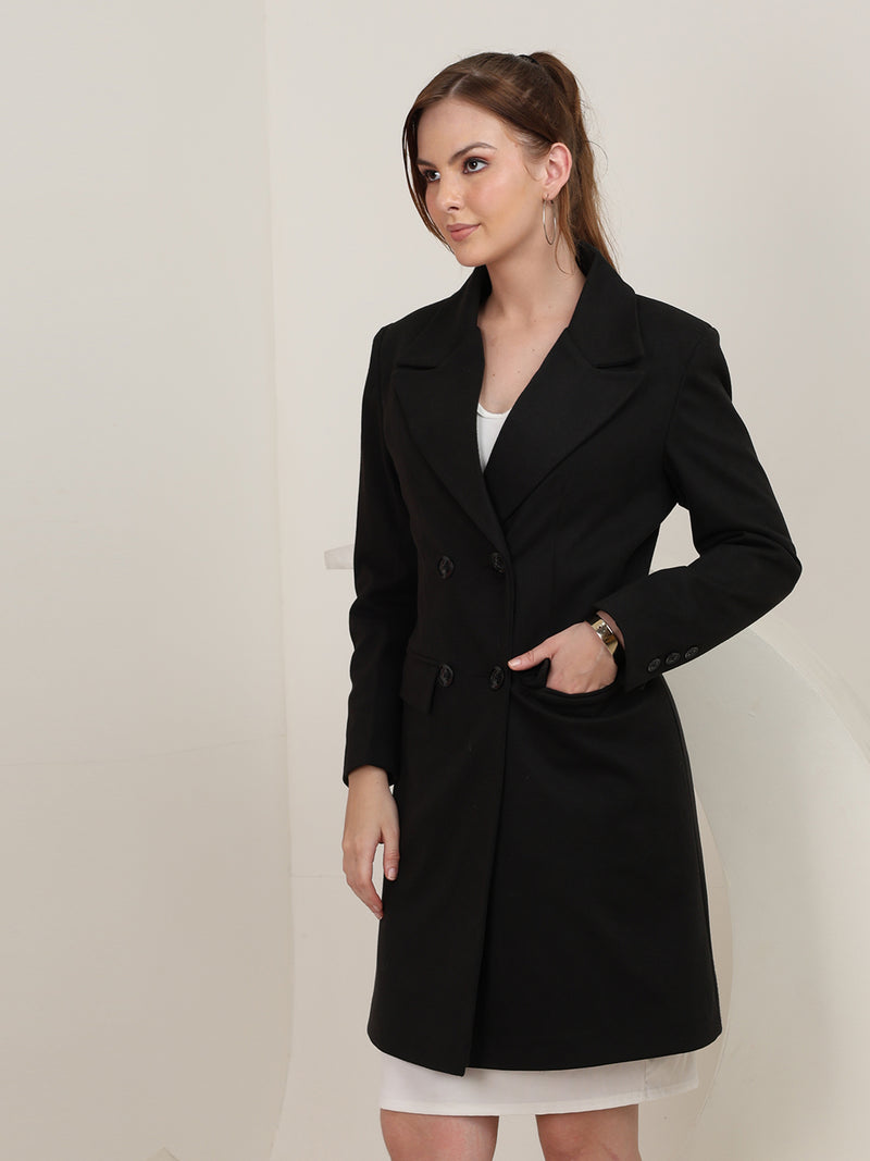 Black Longline Doublebreasted Winter Trench Coat