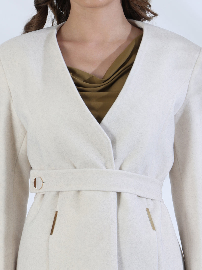 White Belted V-Neck Winter Overcoat