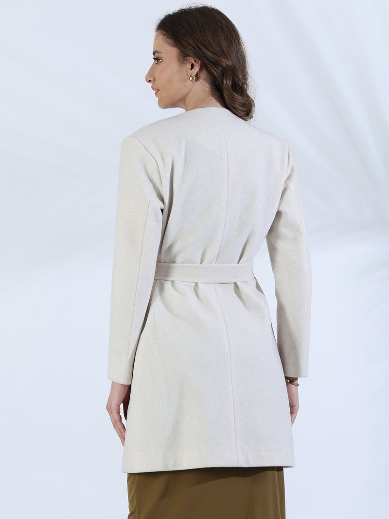White Belted V-Neck Winter Overcoat