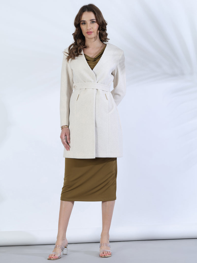 White Belted V-Neck Winter Overcoat