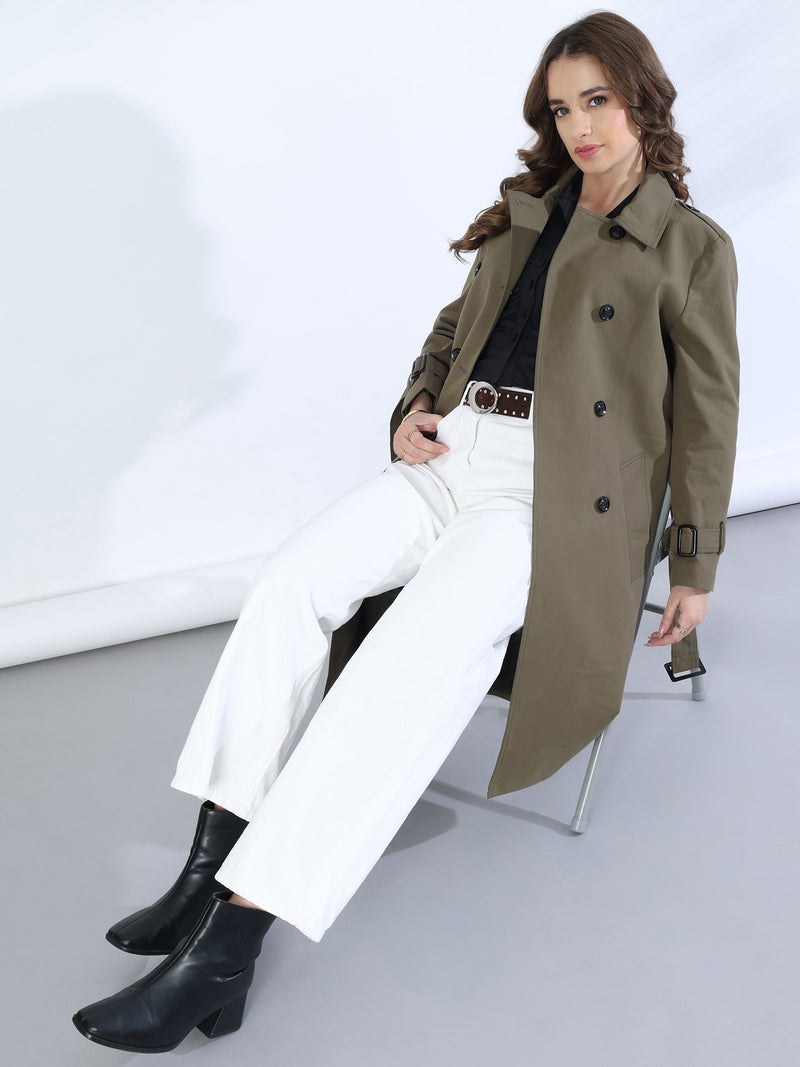 Olive Double-Breasted Belted Trench Coat