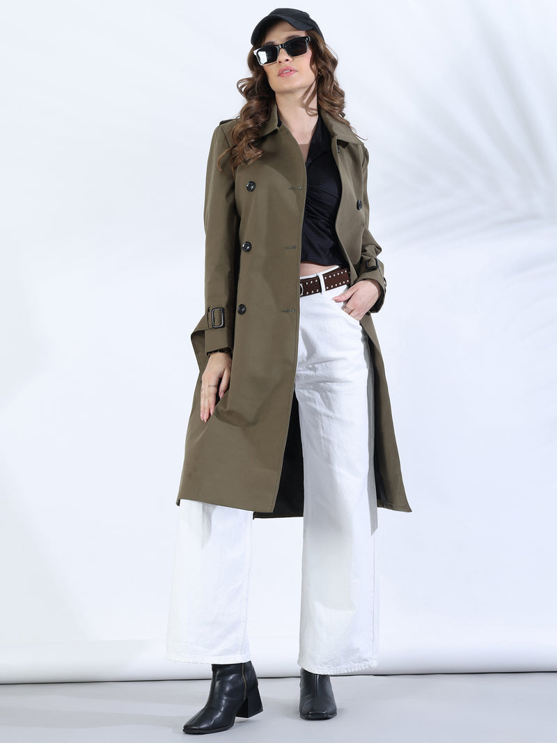 Olive Double-Breasted Belted Trench Coat