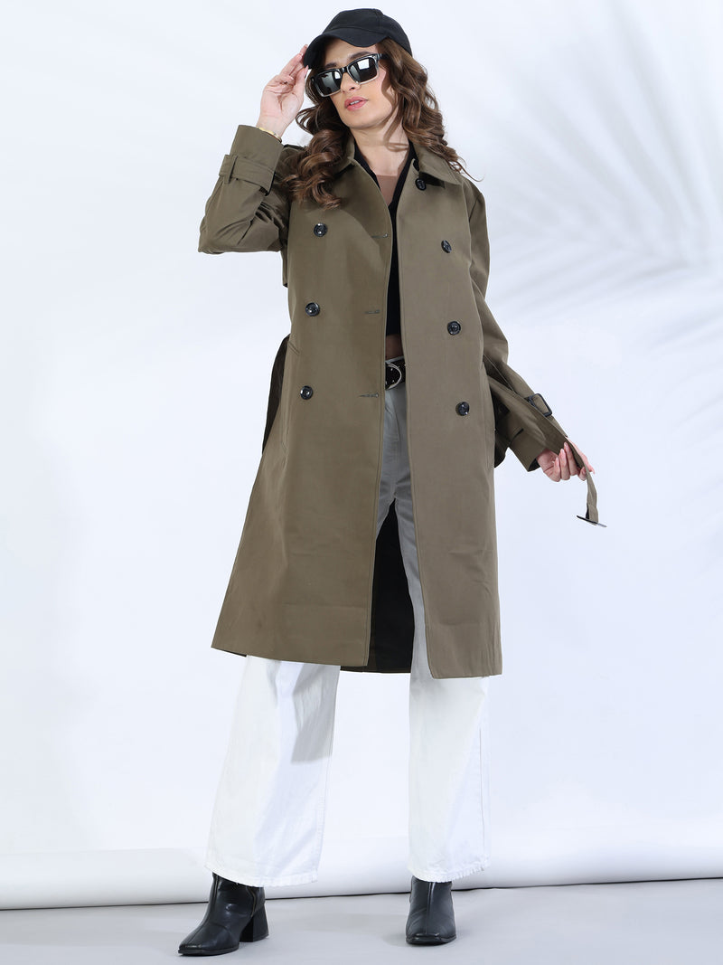 Olive Double-Breasted Belted Trench Coat