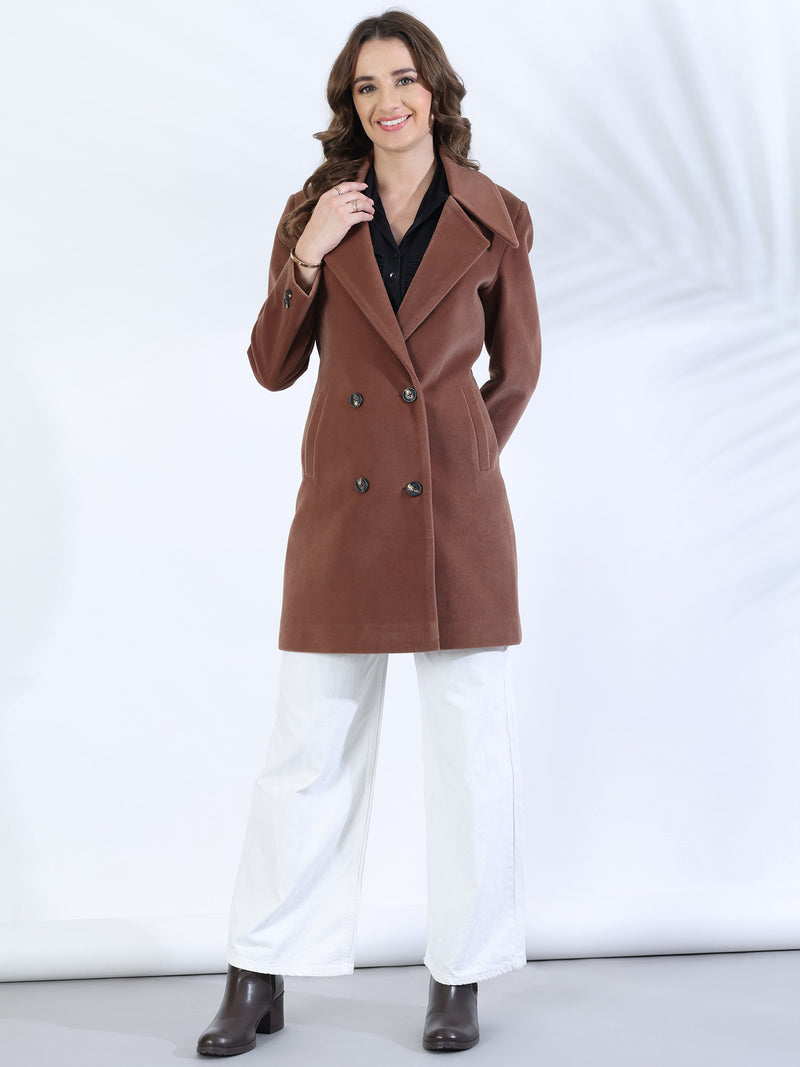 Walnut Brown Double-Breasted Long Coat