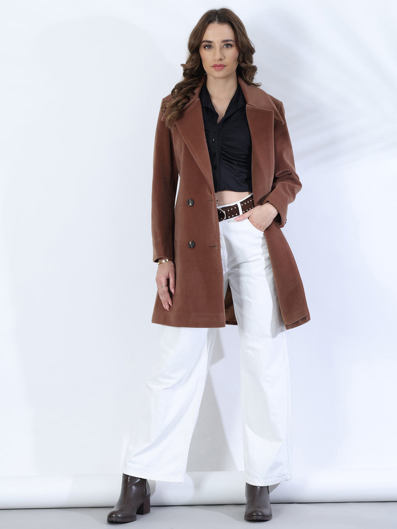 Walnut Brown Double-Breasted Long Coat
