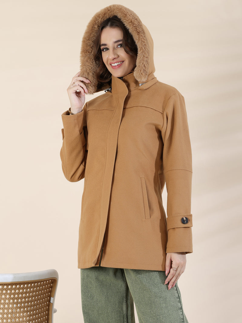 Caramel Zipper With Hood Short Coat
