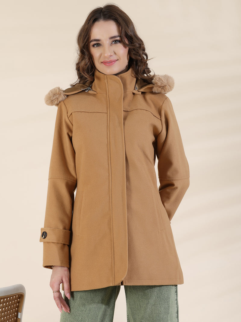 Caramel Zipper With Hood Short Coat