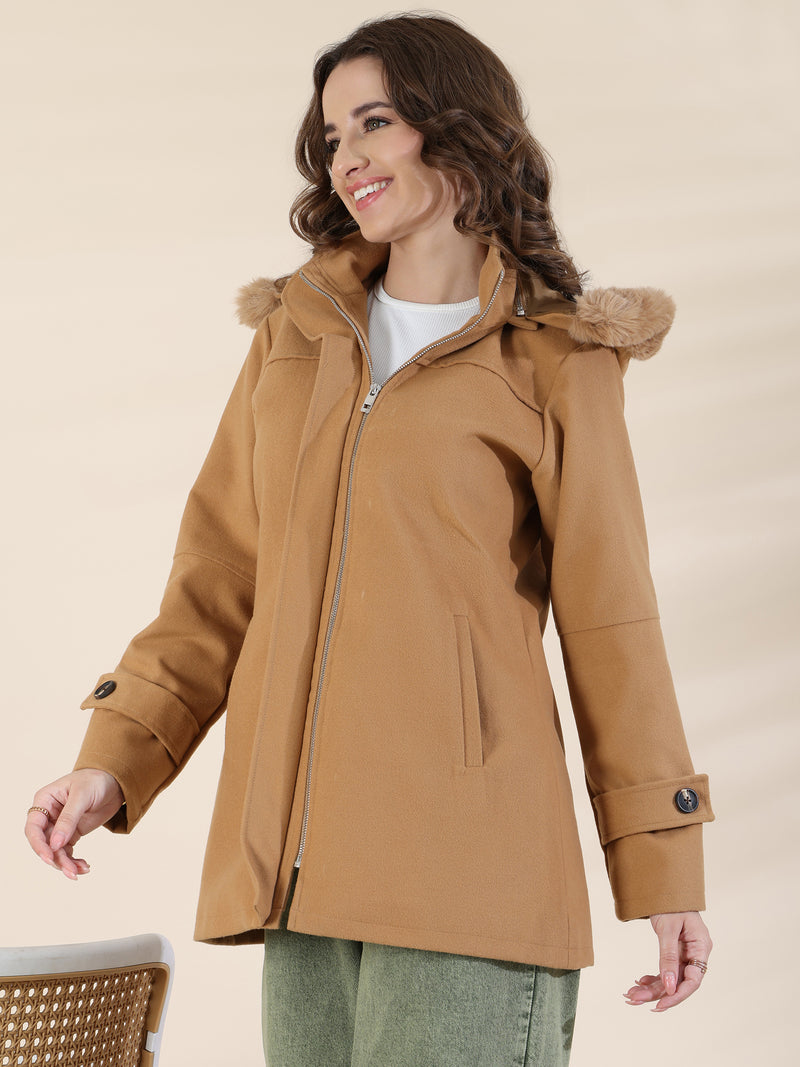 Caramel Zipper With Hood Short Coat
