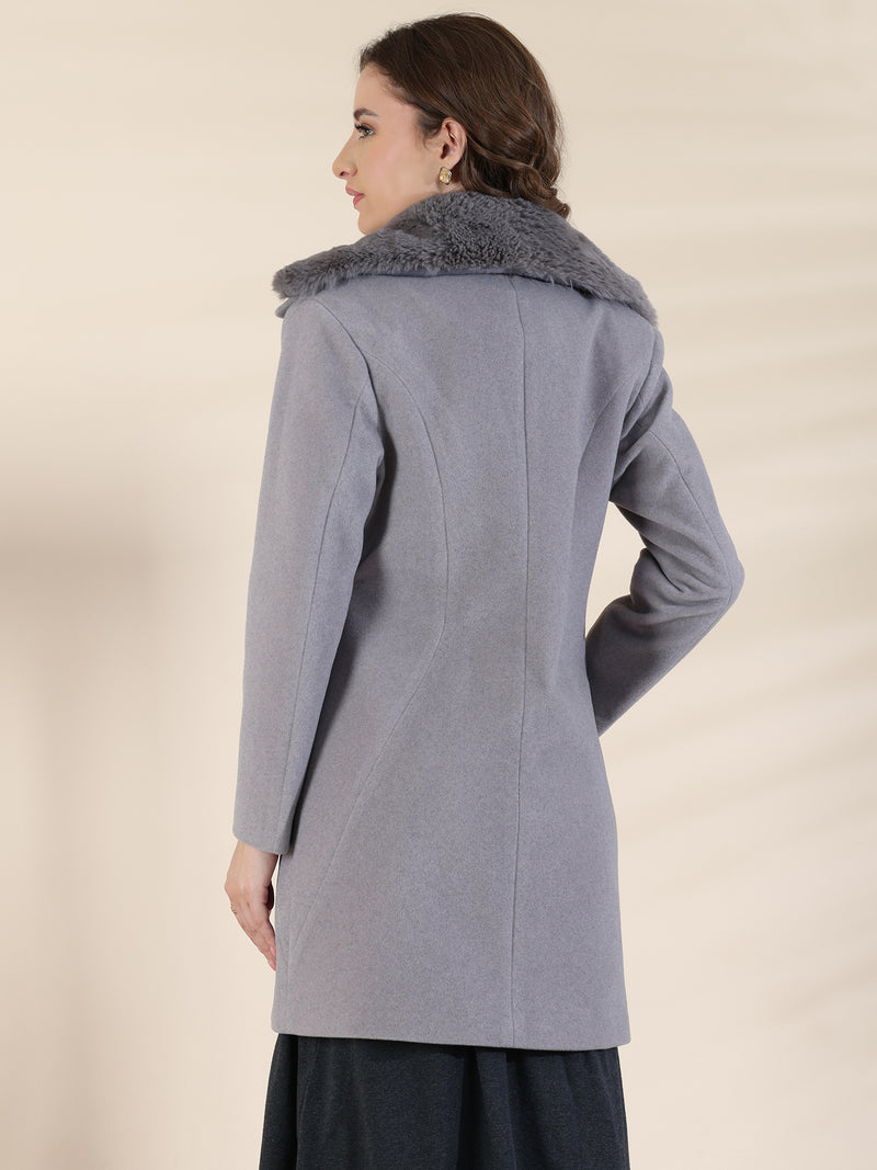 Grey Faux Fur Collar Trench Coat