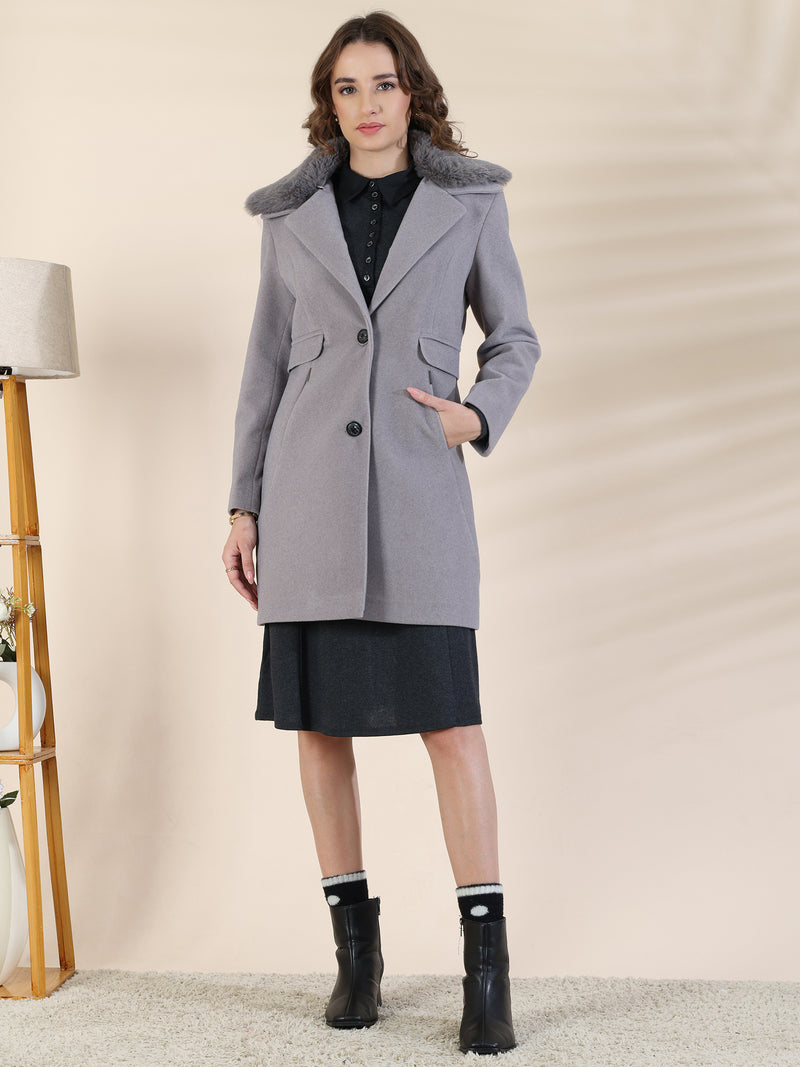 Grey Faux Fur Collar Trench Coat