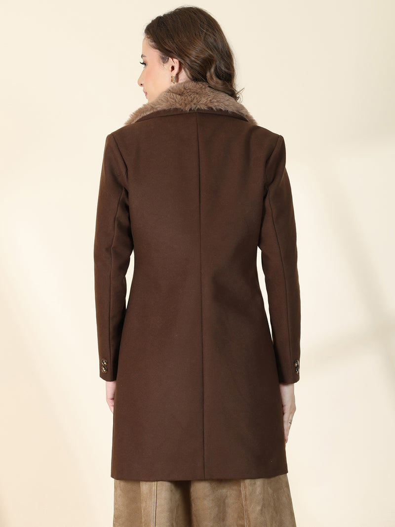 Brown Faux Fur Collar Longline Overcoat