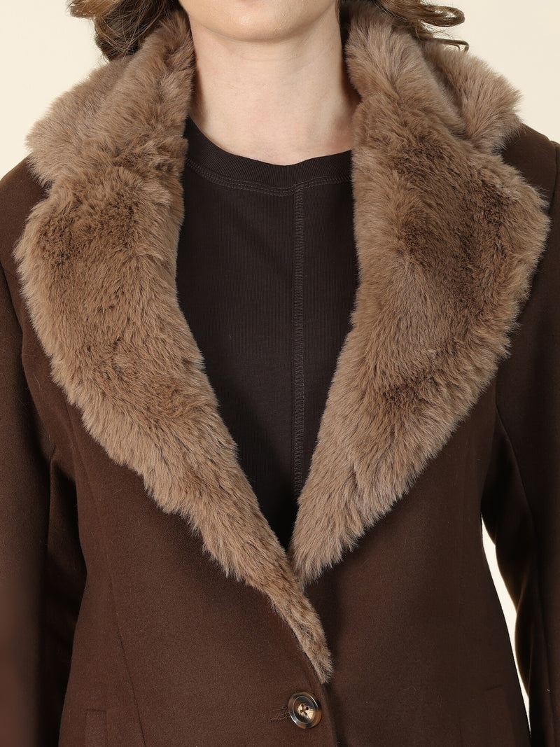 Brown Faux Fur Collar Longline Overcoat