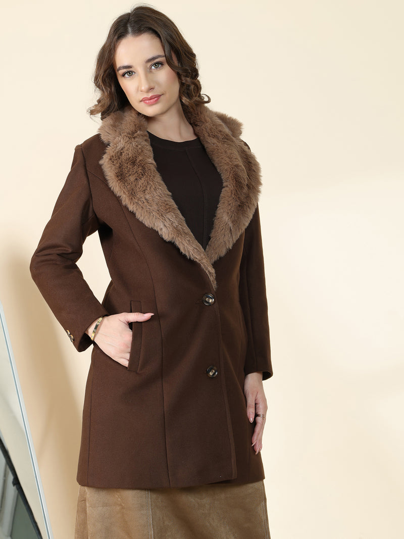 Brown Faux Fur Collar Longline Overcoat