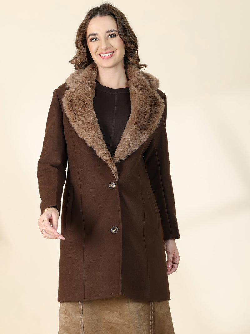 Brown Faux Fur Collar Longline Overcoat