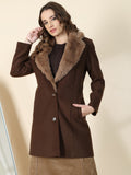 Brown Faux Fur Collar Longline Overcoat