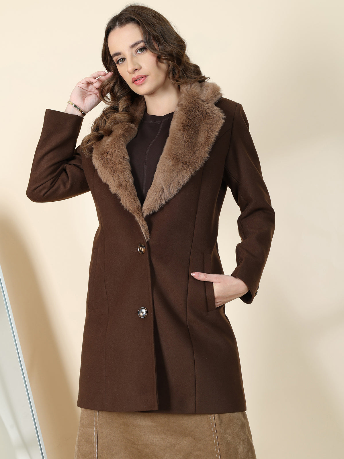 Brown Faux Fur Collar Longline Overcoat