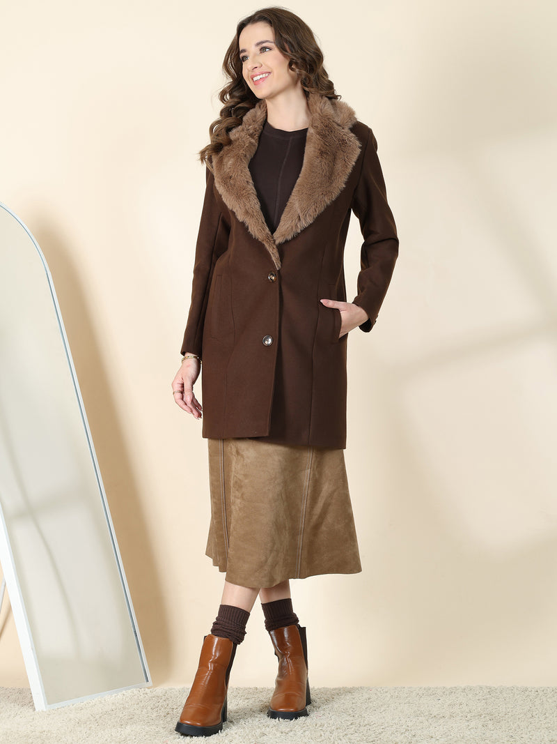 Brown Faux Fur Collar Longline Overcoat