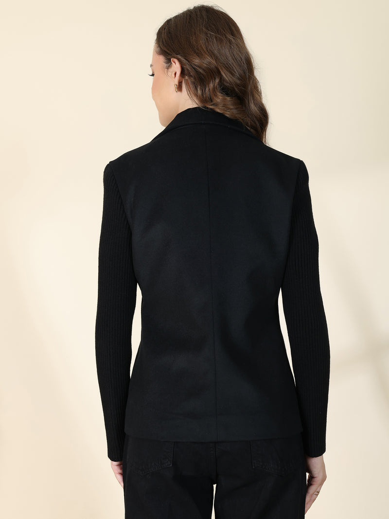 Black Short Winter Coat with Soft Knit Sleeves