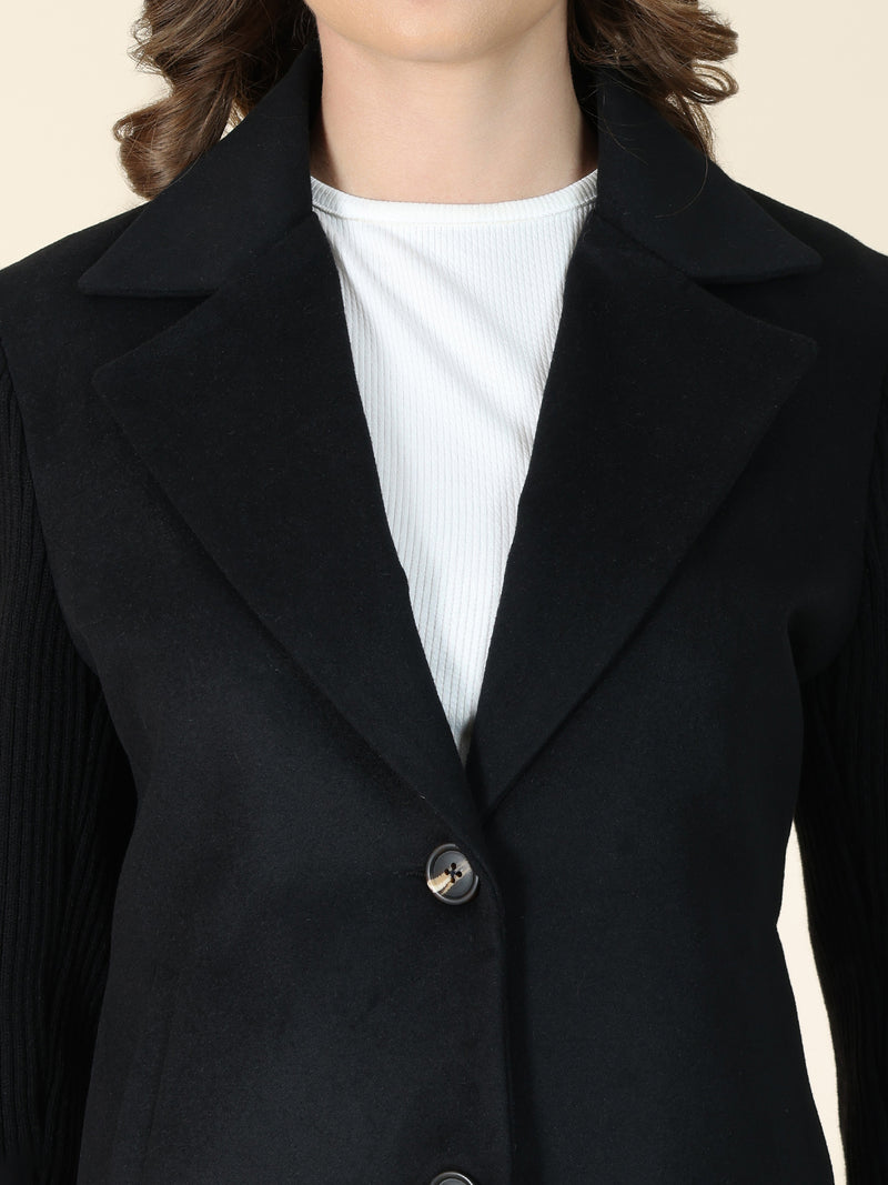 Black Short Winter Coat with Soft Knit Sleeves