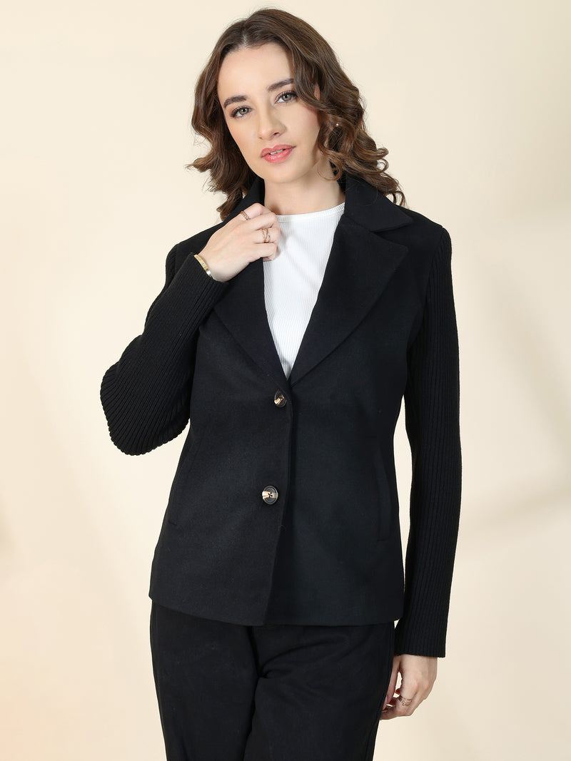 Black Short Winter Coat with Soft Knit Sleeves