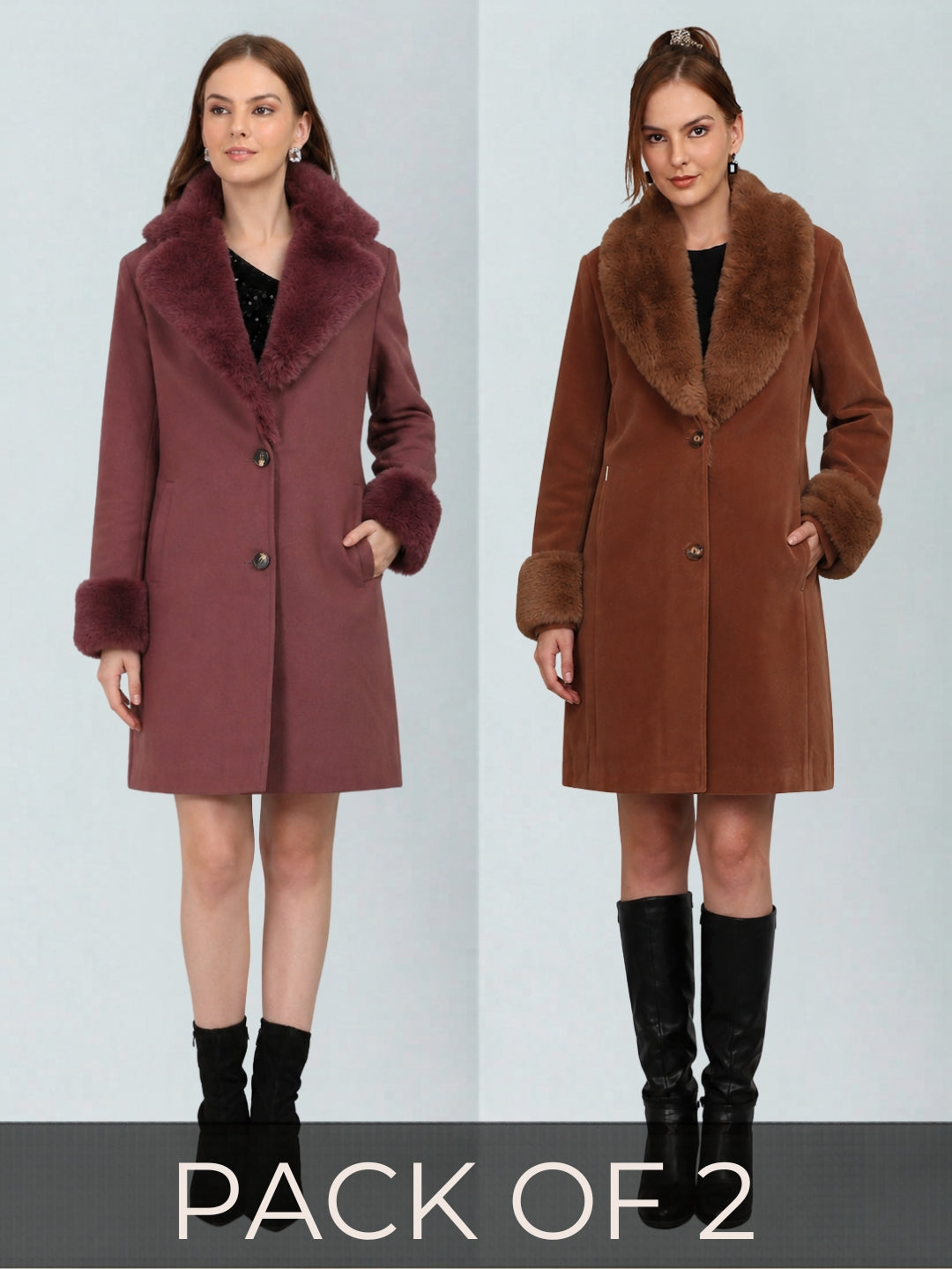 Faux Fur Collar Longline Trench Coat Pack of 2