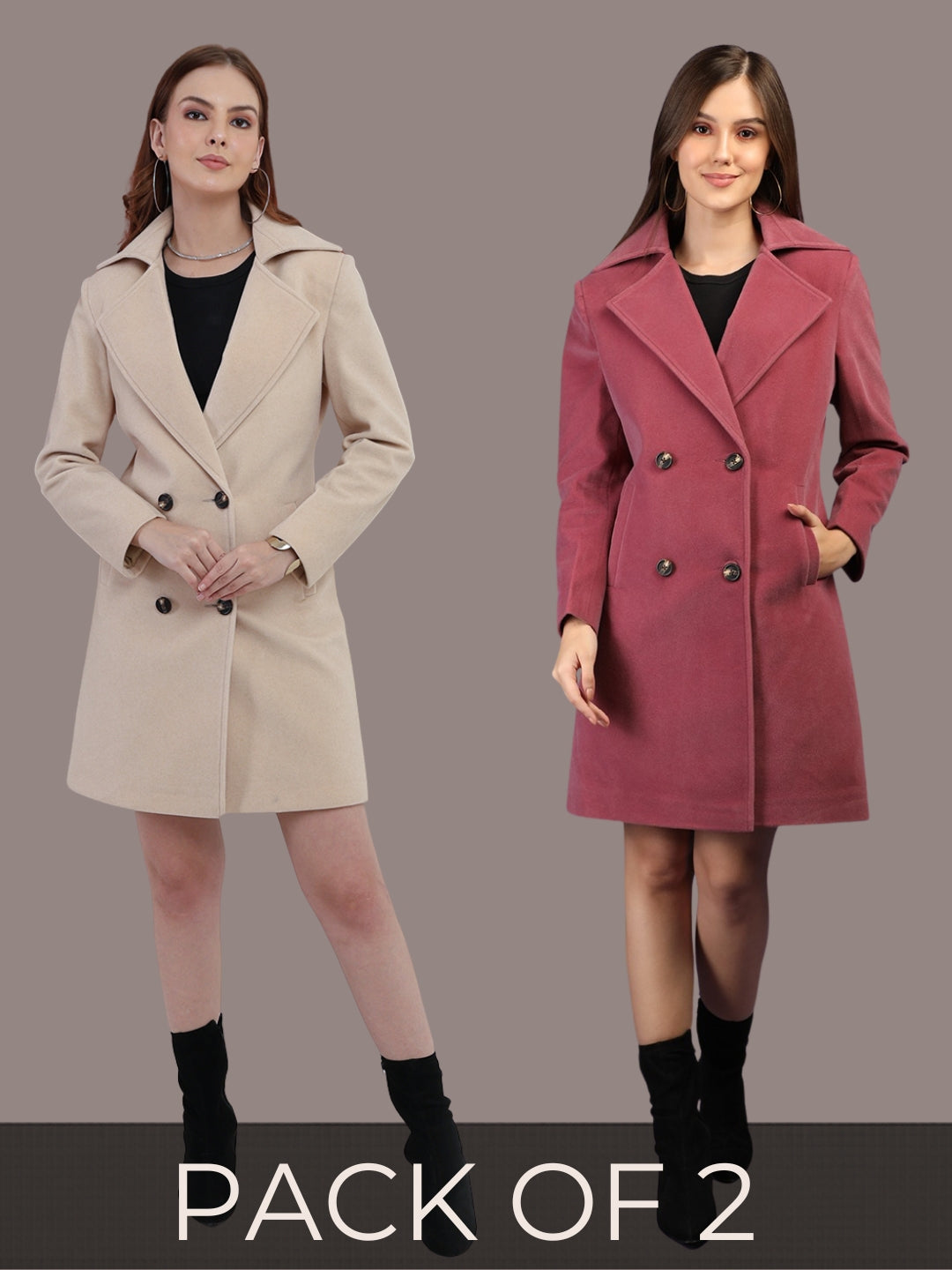 Tweed Longline Doublebreasted Winter Trench Coat Pack of 2
